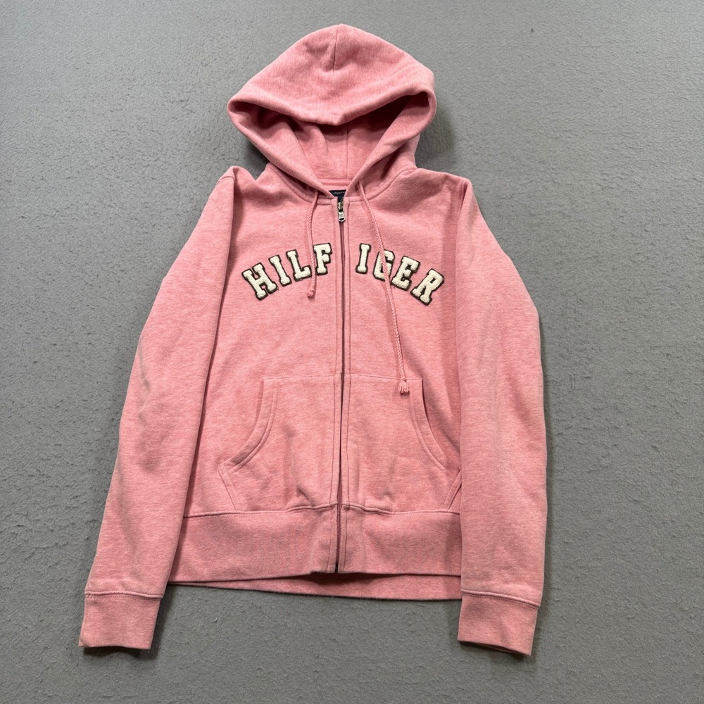 Tommy Hilfiger Hoodie Women's XS Heather Pink Spellout Logo Zip Up Varsity Comfy